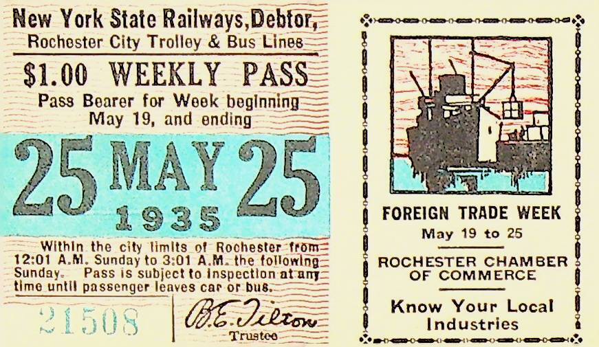 Rochester City Trolley & Bus Lines Pass May 25 1935 Foreign Trade Week