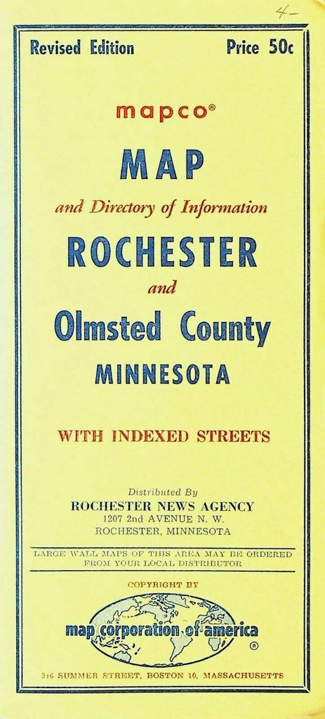 Mapco Map & Directory of Information Rochester & Olmsted County Minnesota 1950s