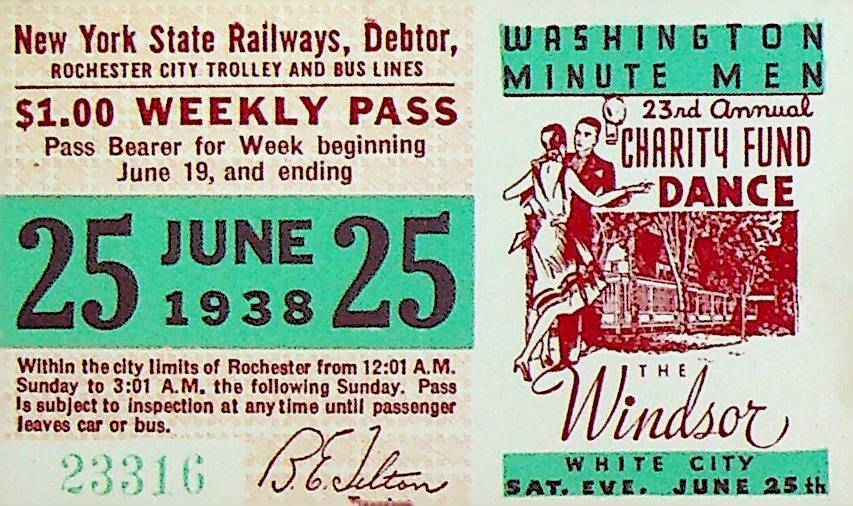 Rochester City Trolley & Bus Lines Pass June 25 1938 Washington Minute Men