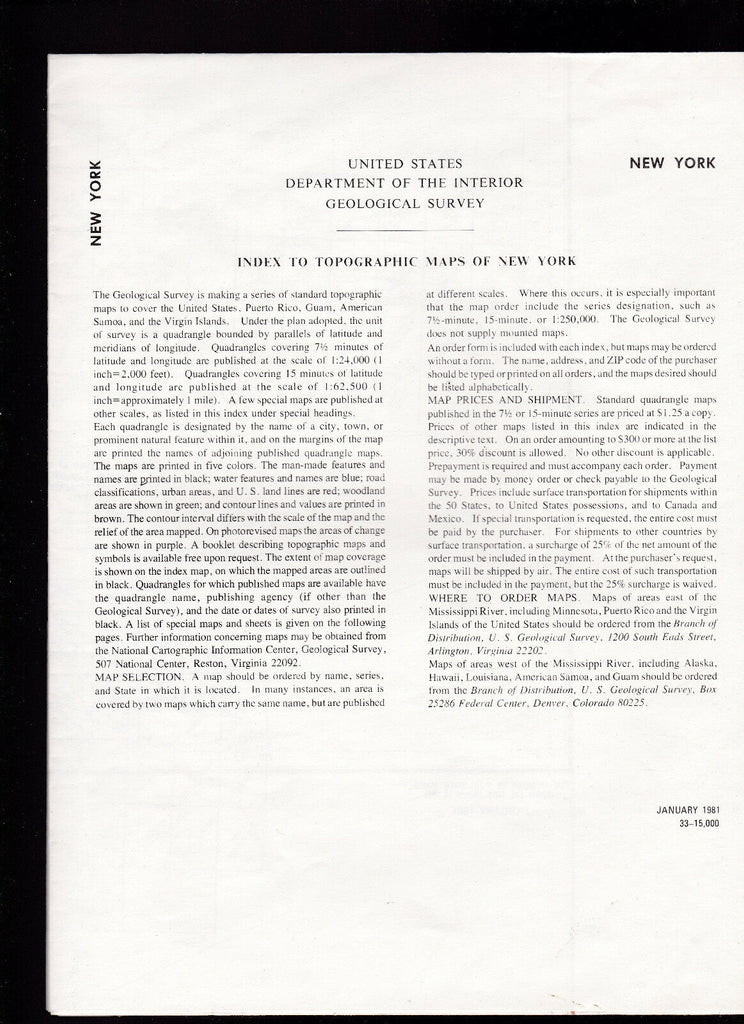Index to Topographic Maps of New York US Dept of Interior 1981