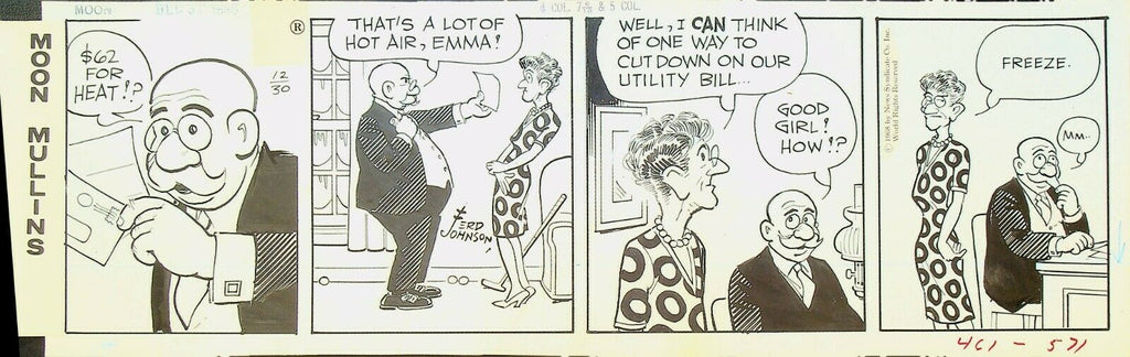 Moon Mullins Ferd Johnson Original Comic Strip Art December 30 1968