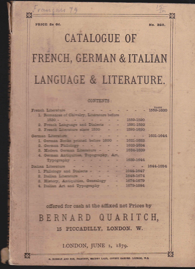Bernard Quaritch Catalog French German Italian Language & Literature 1879 #325