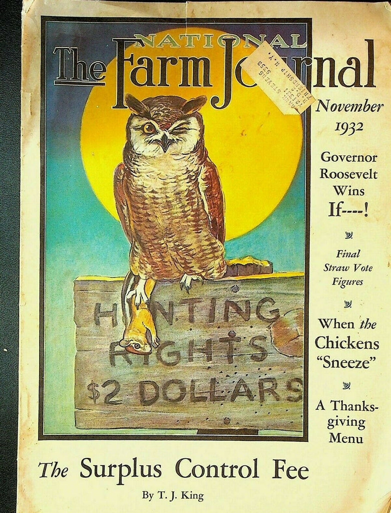National Farm Journal Magazine November 1932 Owl Hunting Cover Chickens