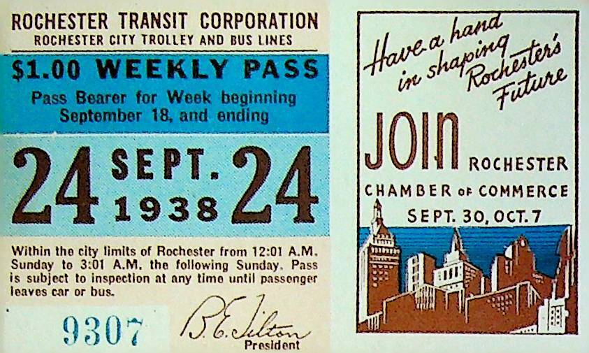 Rochester City Trolley & Bus Lines Pass September 24 1938 Chamber of Commerce
