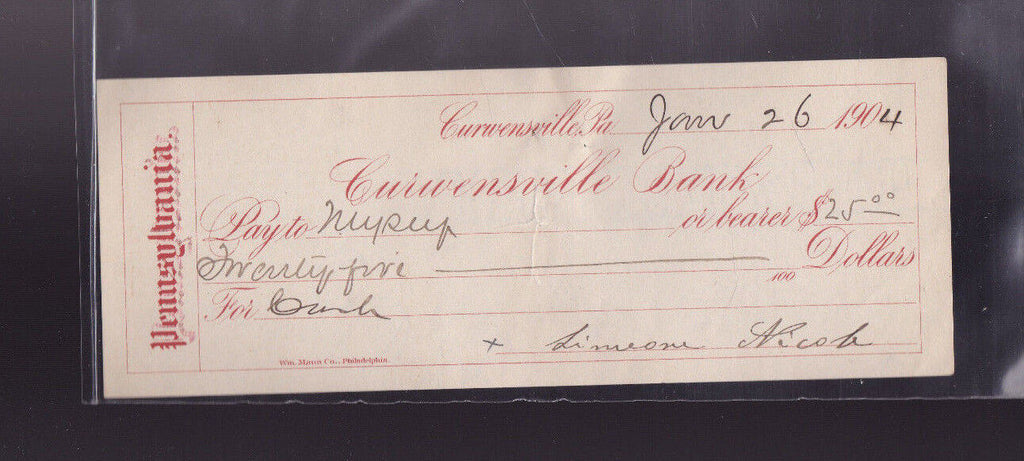 Curwensville Bank Used Bank Check 1904 Pennsylvania