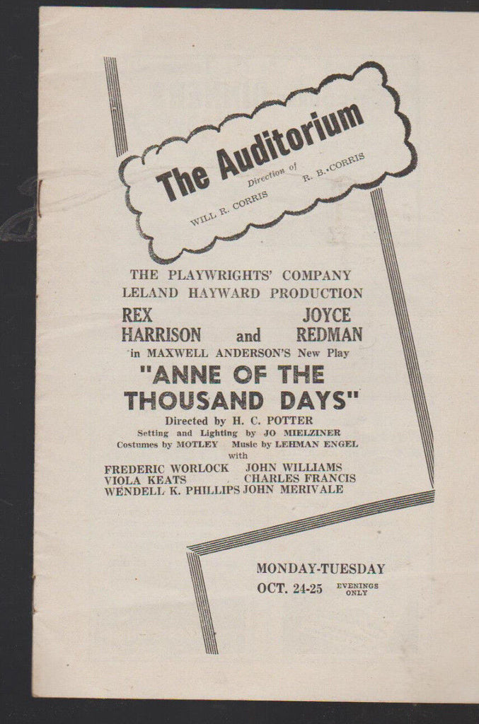 Anne of the Thousand Days Auditorium Theatre Program Rex Harrison 1950s