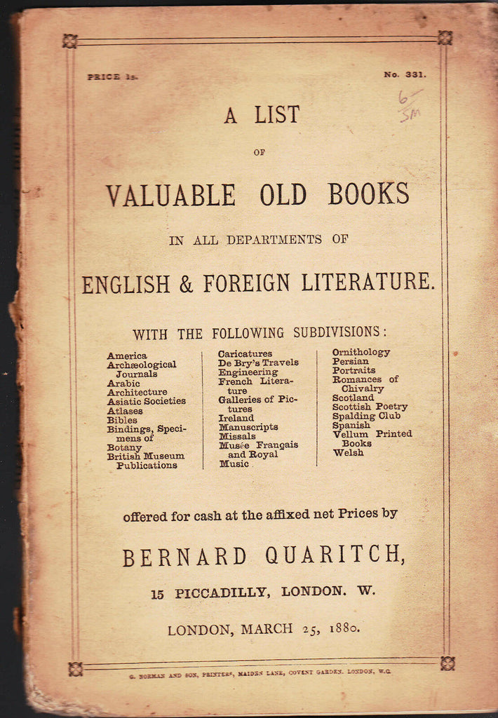 Bernard Quaritch Catalog of Books English & Foreign Literature 1880  #331