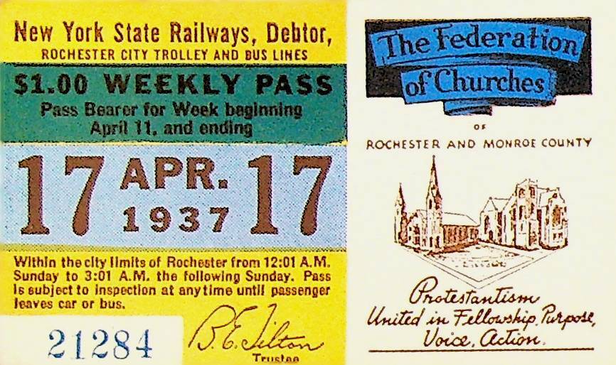 Rochester City Trolley & Bus Lines Pass April 17 1937 Federation of Churches