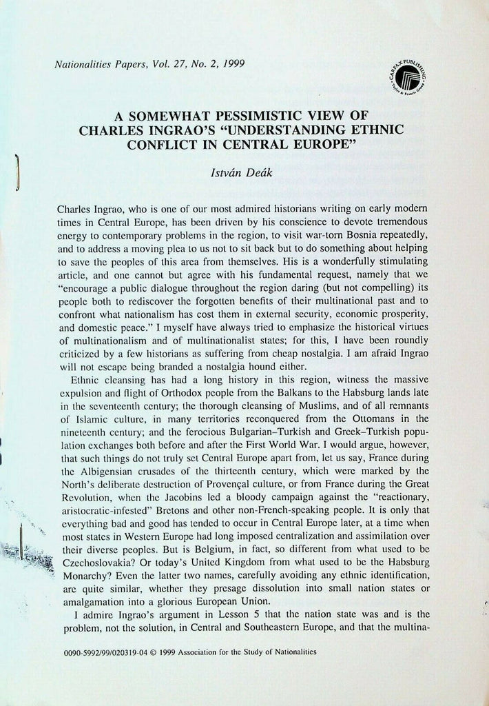 View of Charles Ingrao's Understanding Ethnic Conflict in Central Europe 1999