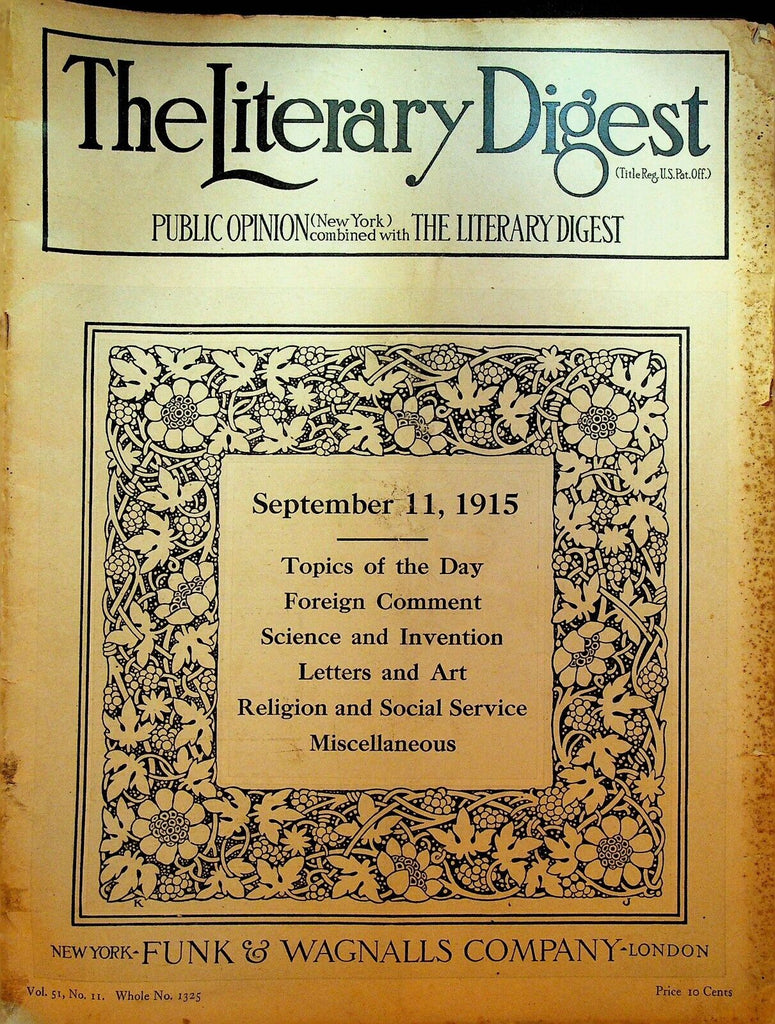 Literary Digest Magazine September 11 1915 WWI Harry Castlemon Atheism