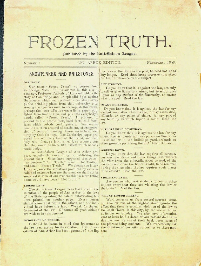 Frozen Truth Anti-Saloon League 1898 Ann Arbor Michigan Harvard Temperance