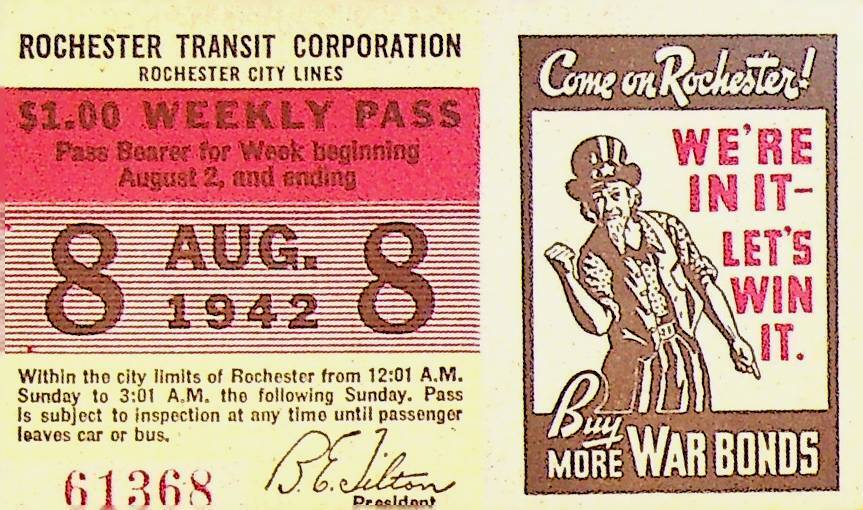 Rochester City Trolley & Bus Lines Pass August 8 1942 Uncle Sam War Bonds WWII