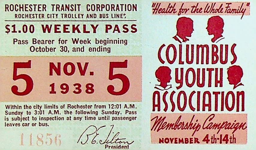 Rochester City Trolley & Bus Lines Pass November 5 1938 Columbus Youth