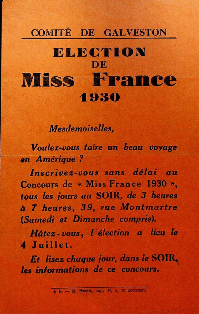 Miss France 1930 Solicitation for Contestants Ad Sheet