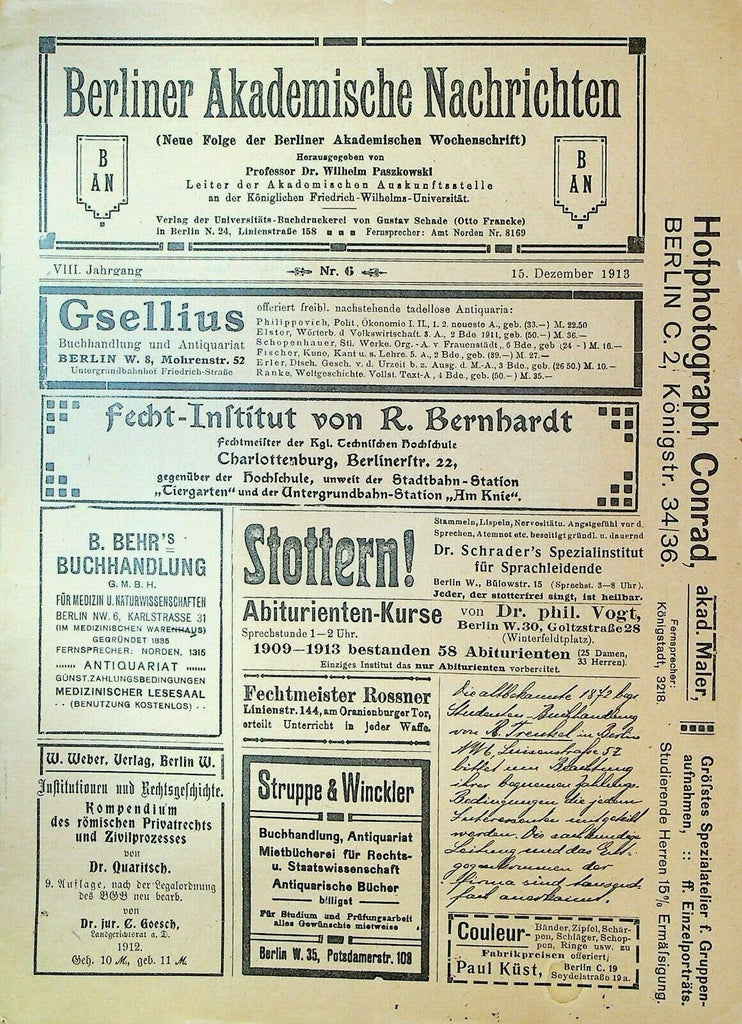 Berliner Akademische Nachrichten Lot of 4 Magazines 1913 1914 German School