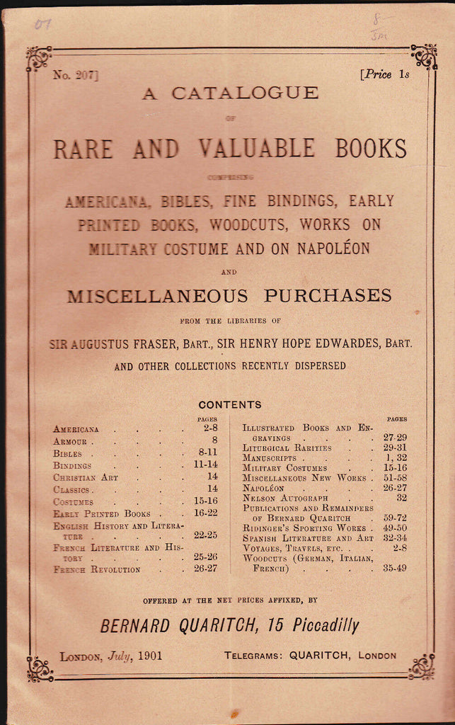 Bernard Quaritch Catalog of Books Augustus Fraser Henry Hope Edwardes  1901 #207