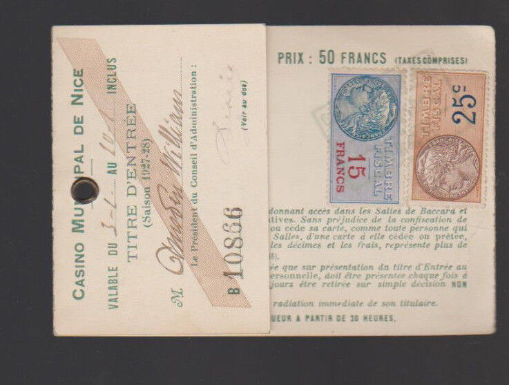 Casino Municipal de Nice 1927 1928 Titre d'Entree w French Timbre Fiscals