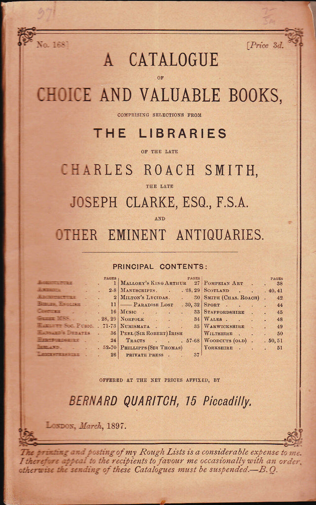 Bernard Quaritch Catalog of Books Charles Roach Joseph Clarke  #168 1897