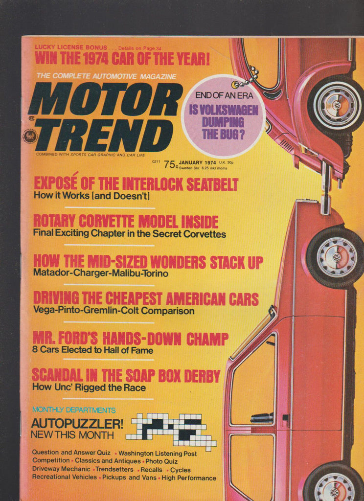 Motor Trend Magazine January 1974 Corvette Matador Charger Soap Box Derby