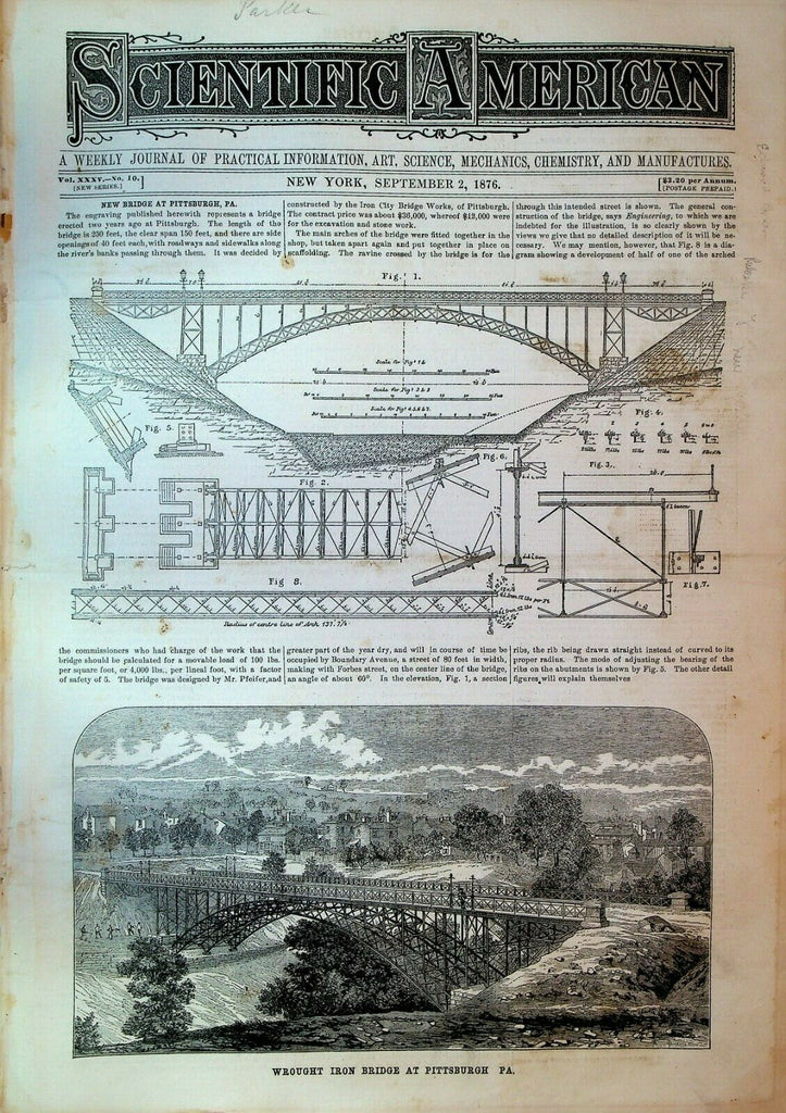 Scientific American September 2 1876 Pittsburgh Bridge Planer Matcher Bender