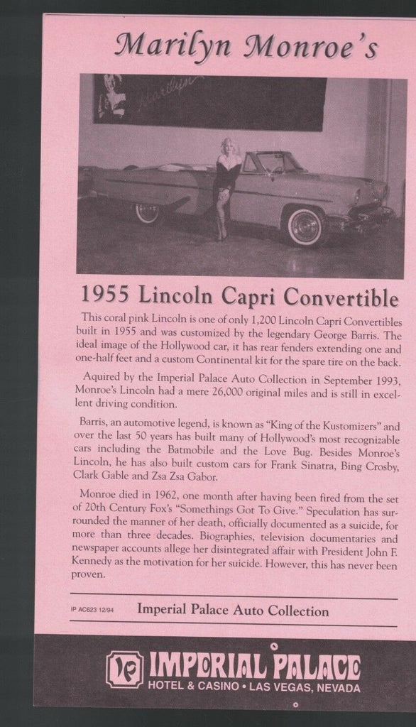 Imperial Palace 1994 brochure Marilyn Monroe's Lincoln Capri Convertible