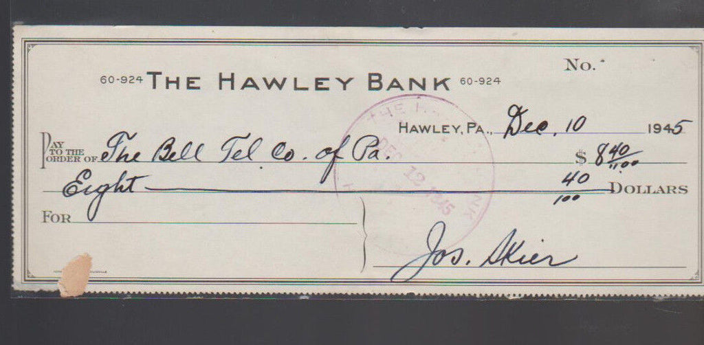 The Hawley Bank Pennsylvania Used Check 1945 Bell Telephone Company