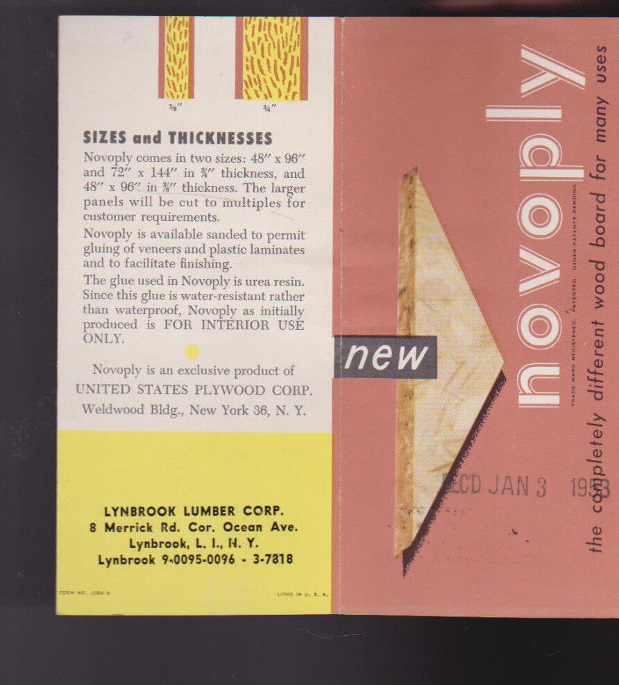 Novoply Completely Different Wood Board Brochure 1953 Lynbrook Lumber Corp