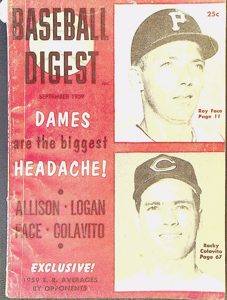 Baseball Digest September 1959 Rocky Colavito Roy Face Jim Gilliam Johnny Logan