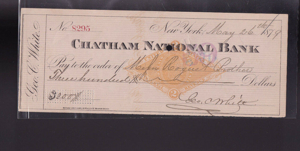 Chatham National Bank New York City Used Bank Check 1879 Pink