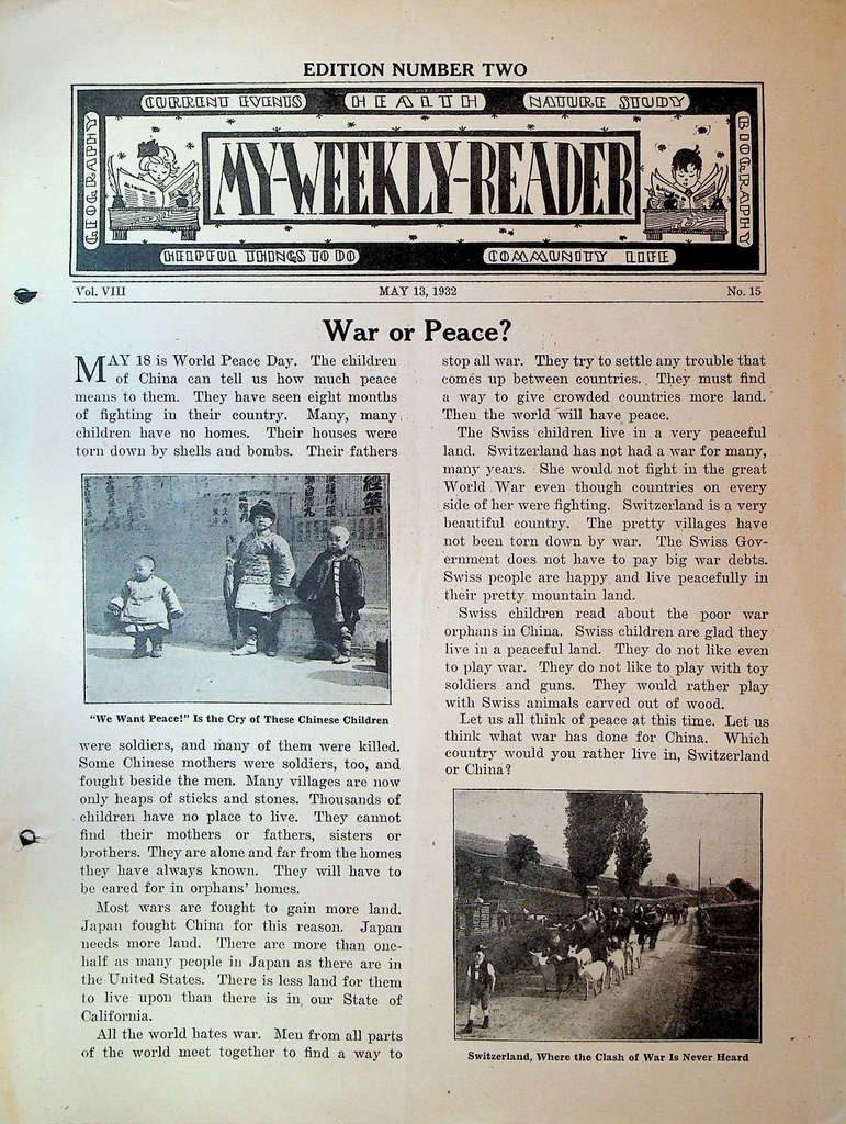 My Weekly Reader Magazine May 13 1932 World Peace Day China Children
