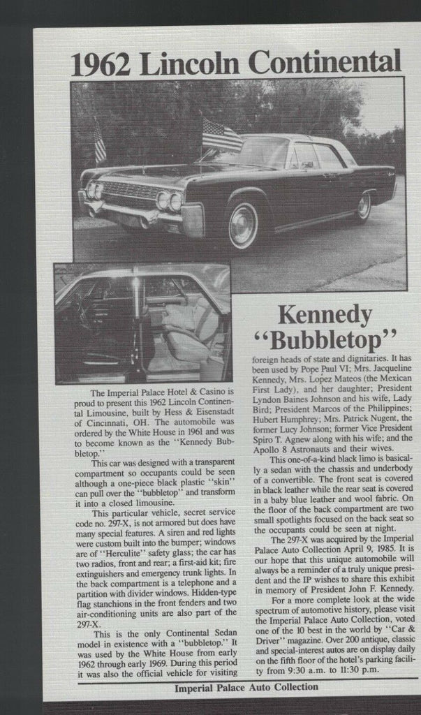 Imperial Palace Las Vegas sheet JFK Kennedy Bubbletop 1962 Lincoln Continental