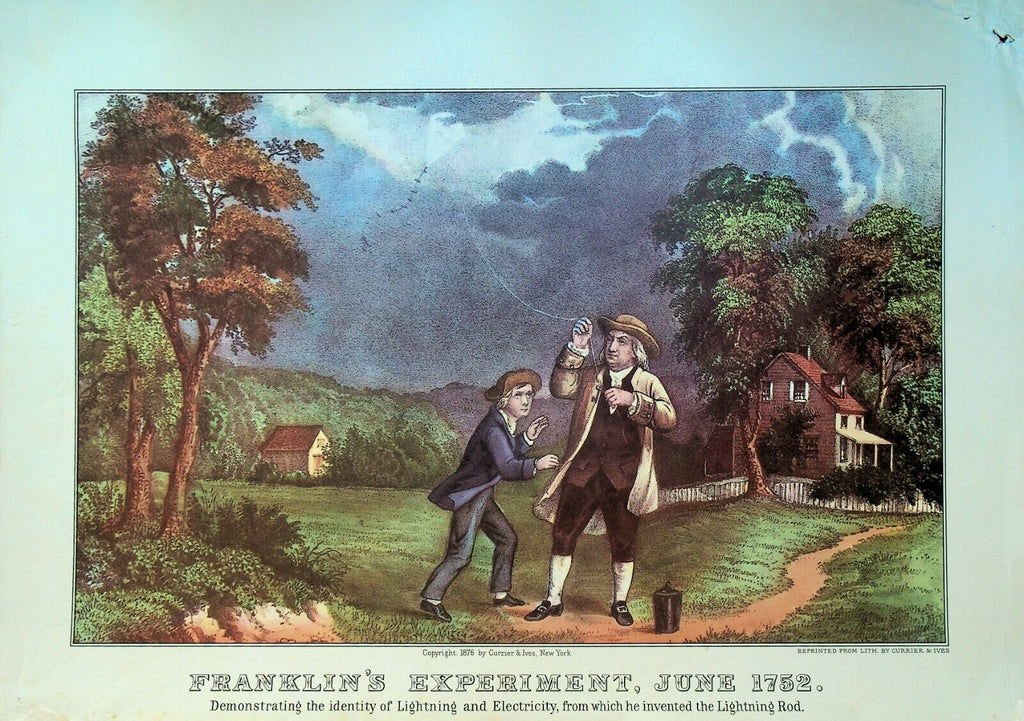Currier & Ives Calendar Topper 1955 Ben Franklin Experiment Kite Lightning