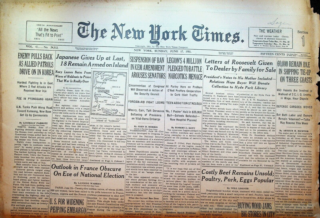 The New York Times June 17 1951 Korean War Japanese WWII on Guam Surrender