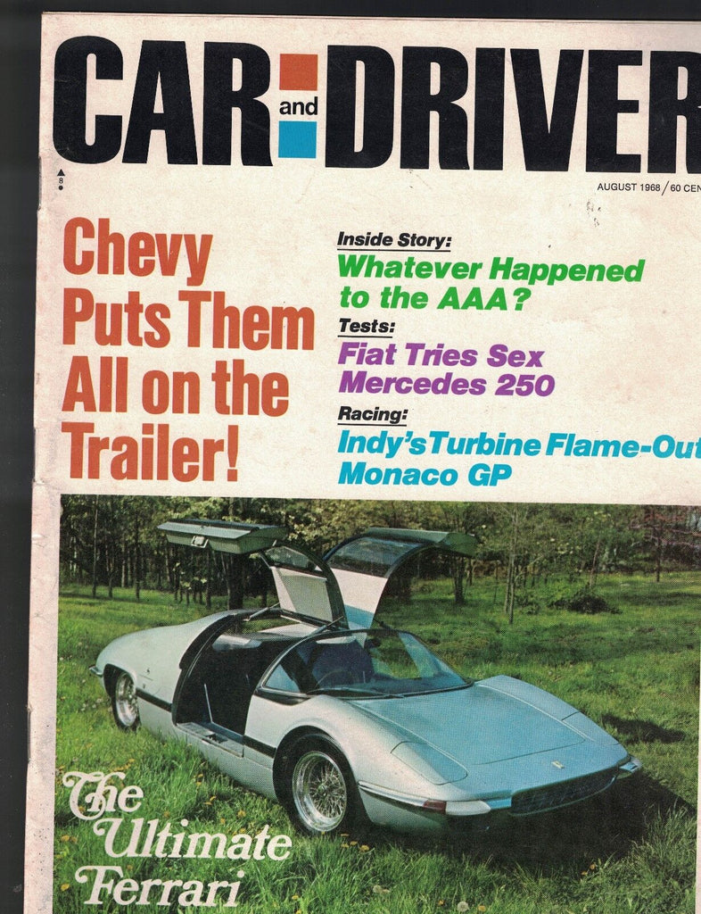 Car and Driver Magazine August 1968 Ferrari Mercedes Chevy