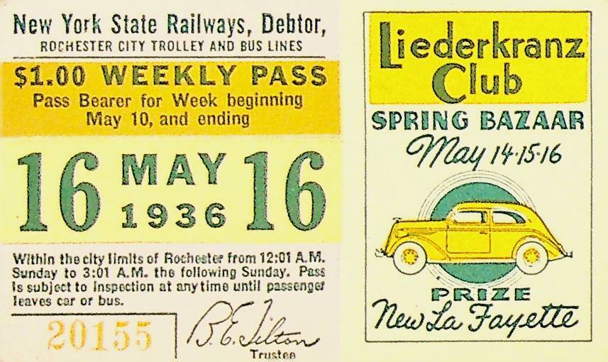 Rochester City Trolley & Bus Lines Pass May 16 1936 Liederkranz Club