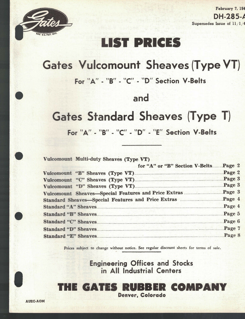 Gates List Prices 1949 Vulcomount Sheaves Type VT & T Gates Rubber Denver Co