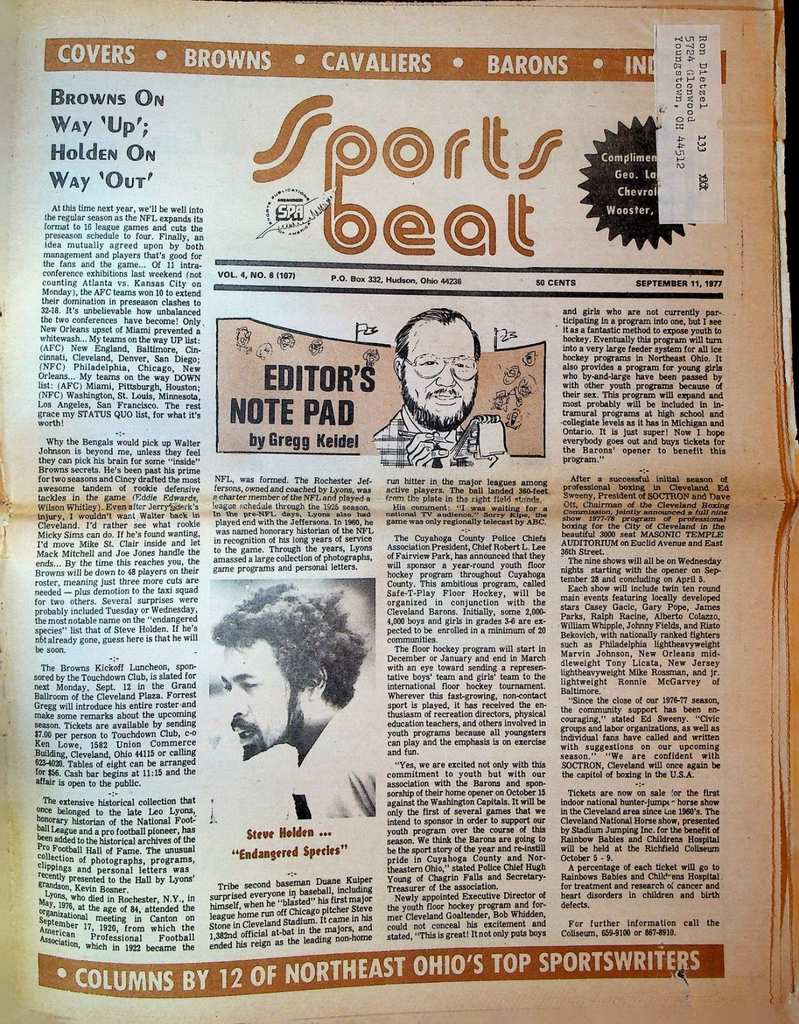 Sports Beat Magazine September 11 1977 Steve Holden Cleveland Browns