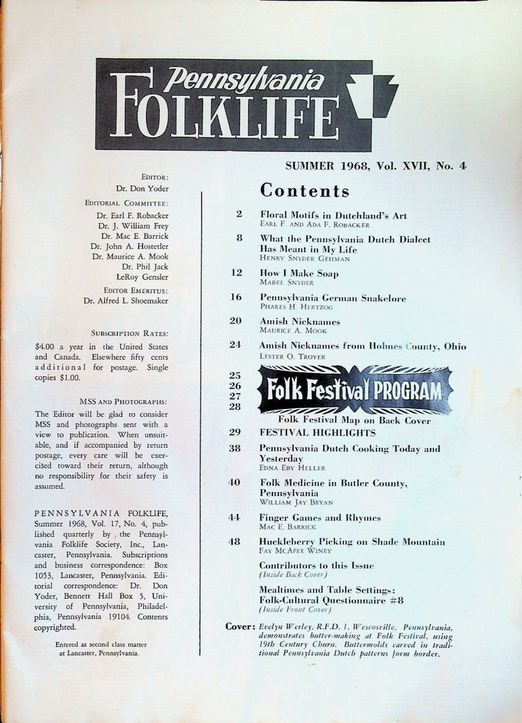 Pennsylvania Folklife Magazine Summer 1968 Folk Festival Amish Butler County