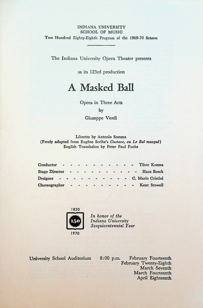 A Masked Ball 1971 Program Indiana University Opera Theater Giuseppe Verdi