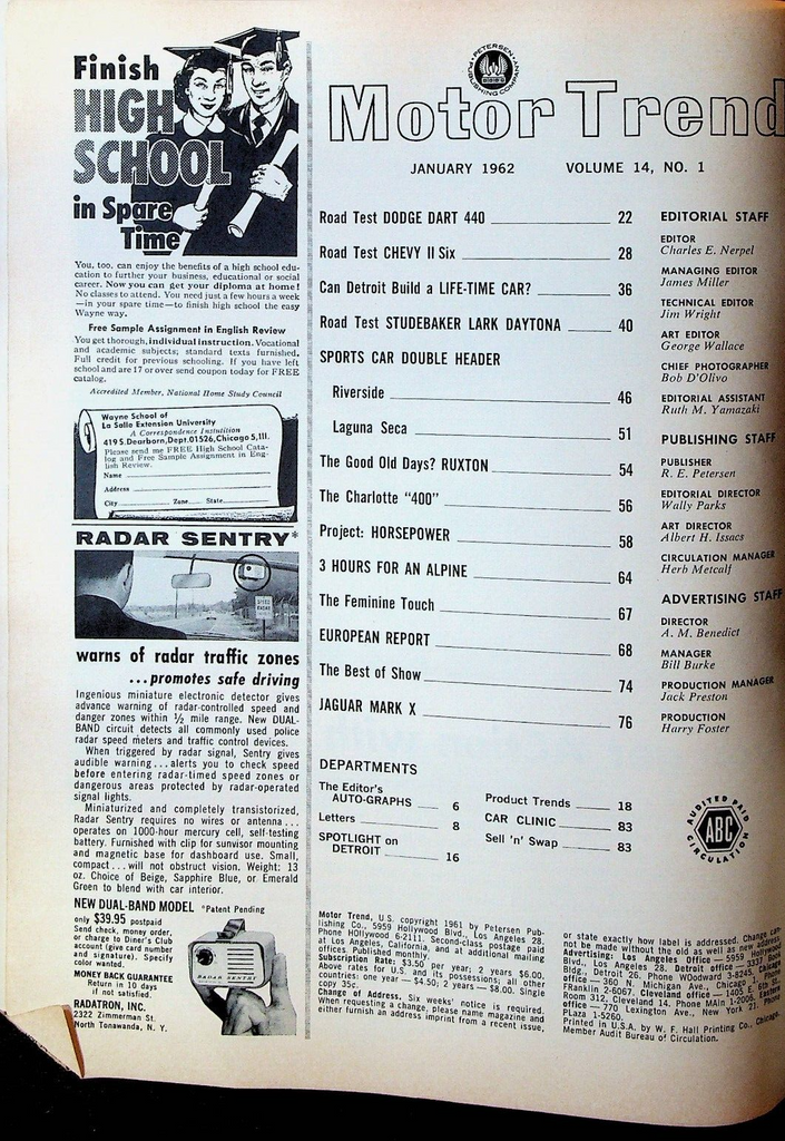 Motor Trend Magazine January 1962 Dodge Dart Chevy II Stock Car Racing