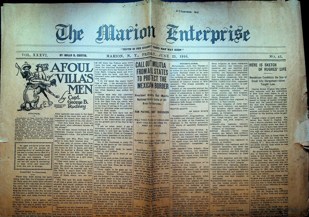 Marion NY Enterprise Newspaper June 23 1916 Mexico Border War Coney Island