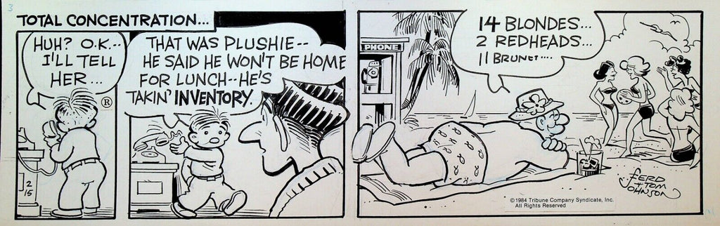 Moon Mullins Original Art Ferd & Tom Johnson February 15 1984 Girl Watching