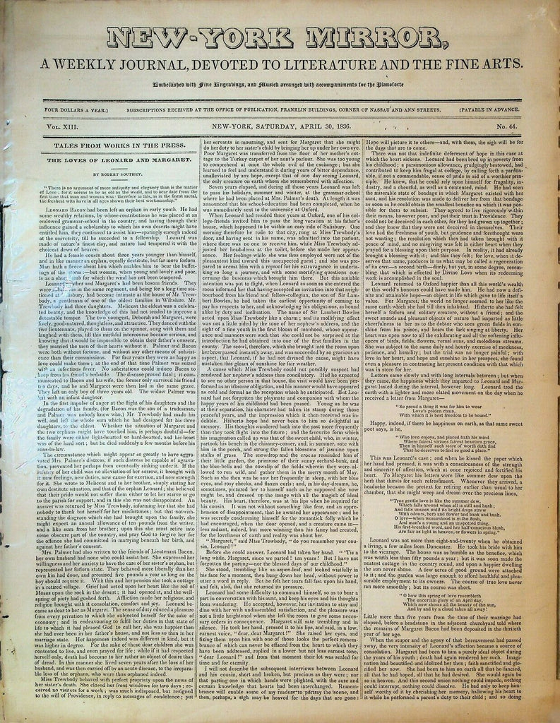 New York Mirror April 30 1836 Henry R Bishop Robert Southey Delizie Florentine