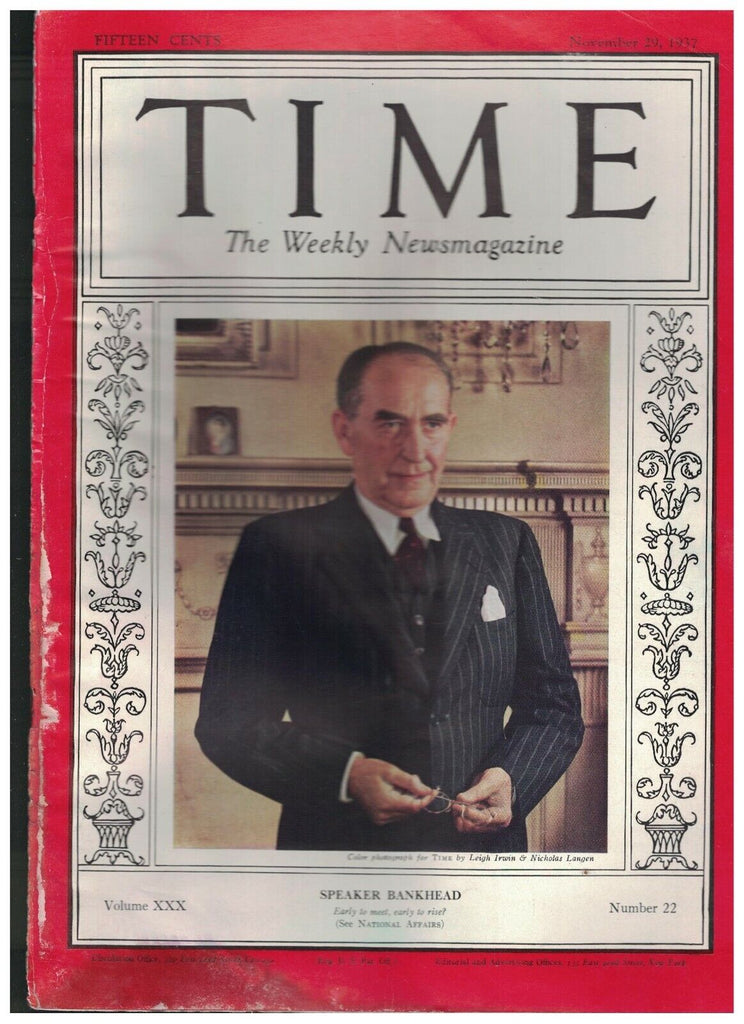 Time Magazine November 29 1937 William Bankhead Willie Hoppe China Japan War