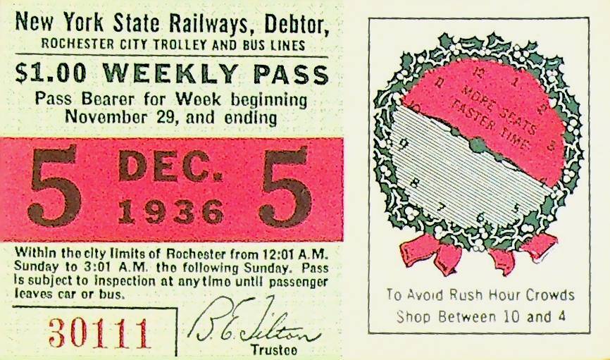 Rochester City Trolley & Bus Lines Pass December 5 1936 Christmas Shopping