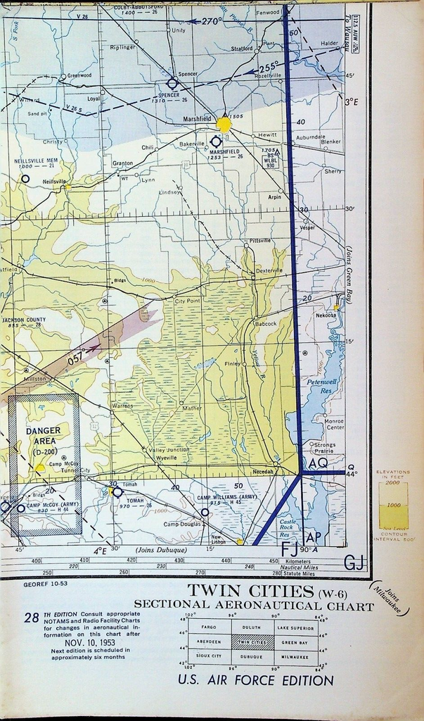 Twin Cities Minnesota Sectional Aeronautical Chart W-6 1953 28th Edition