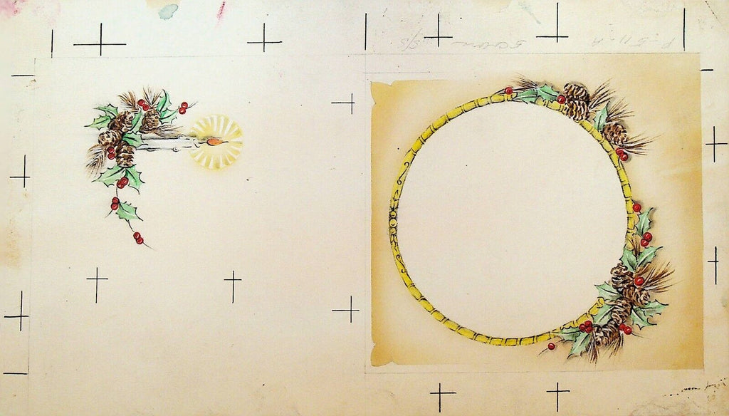 Christmas Card Original Art Samuel Lowe Co 1950s Tall Candle & Flowers