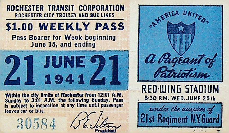Rochester City Trolley & Bus Lines Pass June 21 1941 America United Pageant