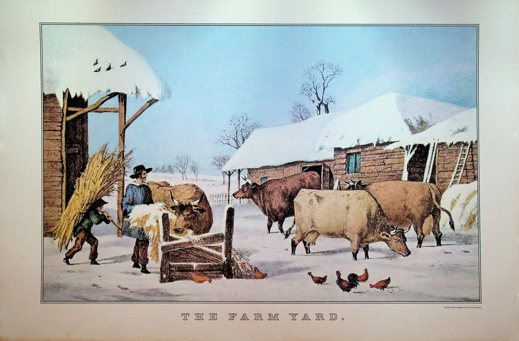 Currier & Ives Calendar Topper 1973 The Farmyard Chickens Cows