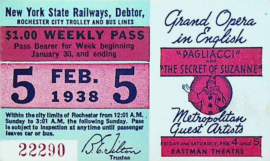 Rochester City Trolley & Bus Lines Pass February 5 1938 Pagliacci Opera